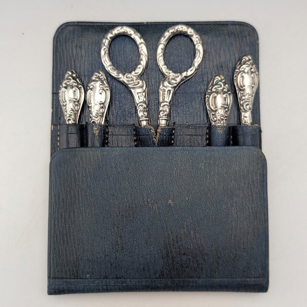 1910 British antique sterling silver handle grooming set of 5, J&R Griffin, with case